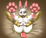 anthro areola big_breasts big_nose blue_eyes blue_sclera breasts brown_background buckteeth camel_toe clothing eyelashes feathered_wings feathers feet female foot_fetish fur head_tuft legs_up looking_at_viewer lying nipples on_back open_mouth open_smile panties pawpads pink_areola pink_nipples pink_nose robe scut_tail short_tail simple_background smile solo spread_legs spreading tail teeth thick_thighs tongue tongue_out tuft underwear wet wet_clothing wet_panties wet_underwear white_body white_clothing white_fur white_panties white_underwear wide_hips wings yellow_body yellow_clothing yellow_feathers yellow_robe wolftomwolf angel_hare the_east_patch angel_gabby angel lagomorph leporid mammal rabbit 6:5