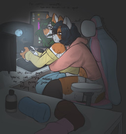 ambiguous_penetration animal_dildo animal_sex_toy anthro anthro_on_anthro clothed clothing computer console dildo duo electronics equine_dildo female female_penetrated free_use gaming_chair gynomorph gynomorph/female gynomorph_penetrating gynomorph_penetrating_female heart_symbol hug hugging_during_sex intersex intersex/female intersex_penetrating intersex_penetrating_female lube_bottle penetrable_sex_toy penetration penile penile_penetration sex sex_toy sex_while_gaming sitting_on_another text demedemedemead calico_cat domestic_cat felid feline felis mammal 2025 english_text hi_res incest_(lore) sibling_(lore) sister_(lore) sisters_(lore)