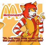 ambiguous_gender anthro black_nose femboy fur hair mascot red_hair solo yellow_body yellow_eyes yellow_fur silverdrool mcdonald's ronald_mcdonald canid canine canis mammal wolf compression_artifacts