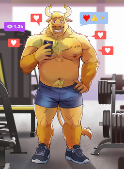 anthro arm_hair arm_tuft armpit_hair barazoku barbell bashful beard belly_hair biceps blue_eyes blush bodily_fluids body_hair bottomwear bulge calf_muscles cellphone chest_hair chest_tuft clothed clothing deltoids electronics exercise facial_hair facial_piercing footwear forearm_muscles hand_on_hip happy_trail heart_emoticon holding_cellphone holding_object holding_phone holding_smartphone inside leg_muscles leg_tuft looking_at_cellphone looking_at_object looking_at_phone male manly musclegut muscular muscular_arms muscular_thighs navel nipples nose_piercing nose_ring pecs phone piercing proud ring_piercing shoes shorts shorts_only shoulder_tuft slightly_chubby smartphone smile solo speech_bubble standing sweat topless triceps tuft weightlifting weights workout naikuma bovid bovine cattle mammal 2024 hi_res