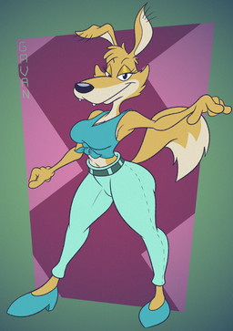 abstract_background anthro breasts cleavage clothed clothing dipstick_tail fangs female floppy_ears footwear fur gesture half-closed_eyes hand_gesture high_heels markings midriff multicolored_body narrowed_eyes pointing shirt shoes side_boob smug solo tail tail_markings tan_body tan_fur teeth tied_shirt toony topwear two_tone_body wide_hips gavanzude blinky_bill_(series) daisy_dingo canid canine canis dingo mammal alternate_version_at_paywall digital_drawing_(artwork) digital_media_(artwork) hi_res signature