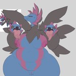 anthro areola biped black_body blue_body bodily_fluids breasts female front_view genitals nipples purple_body pussy saliva simple_background solo sweat onetiredbear nintendo pokemon generation_5_pokemon hydreigon pokemon_(species) 1:1 absurd_res hi_res