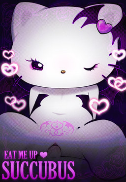 anthro bat_wings blush bottomless chibi clothed clothing duo eyelashes eyeshadow female fur heart_spade_tail makeup male male/female membrane_(anatomy) membranous_wings mouthless partially_clothed penetration pink_eyes skimpy succubus_costume text topwear topwear_only vaginal vaginal_penetration white_body white_fur wings womb_tattoo touboutenshi hello_kitty_(series) sanrio hello_kitty_(character) english_text halftone hi_res