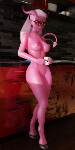 areola breasts container cup eyewear female genitals glasses hair holding_container holding_cup holding_object hooves horn kitchen long_hair looking_at_viewer medium_breasts nipples nude pink_areola pink_body pink_nipples pointy_ears red_sclera solo spade_tail tail vulva white_hair wide_hips yellow_eyes lorded samzan_(modeler) hellaverse helluva_boss mrs._mayberry_(helluva_boss) demon demon_humanoid humanoid 3d_(artwork) absurd_res digital_media_(artwork) hi_res