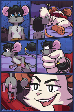 3_toes 4_fingers anthro anthro_on_anthro bangs bed belt belt_only black_eyebrows black_eyes black_hair black_nose black_tail_tuft blue_eyes bodily_fluids body_grab bottomless bottomless_anthro bottomless_female brown_belt butt canon_x_oc cheek_tuft chest_tuft claws clothed clothed_anthro clothed_female clothing countershading drooling duo extreme_size_difference eyebrows facial_tuft feet female female_anthro finger_claws fingers fur furniture genitals glistening glistening_eyes grey_body grey_fur grey_tail hair half-closed_eyes headboard holding_by_tail humanoid_genitalia humanoid_vulva inside intraspecies jacket larger_female long_sleeves lying male male/female male_anthro micro narrowed_eyes notched_ear nude nude_anthro nude_male on_back on_bed pillow pink_feet pink_hands pink_inner_ear pink_nose pink_tail pink_tongue pupils red_clothing red_jacket red_topwear red_vest saliva short_hair size_difference sleeping smaller_male smile smirk soles spread_legs spreading standing tail tail_tuft text toes tongue topwear tuft vest vulva white_body white_claws white_ears white_fur white_pupils bluestripedrenulian mina_the_hollower yacht_club_games mina_(mina_the_hollower) pocket_jabari mammal mouse murid murine rodent 2026 artist_name comic dated hi_res