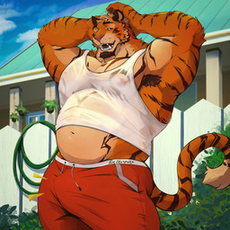 anthro areola arm_markings arm_tuft armpit_hair back_muscles belly big_butt big_muscles big_pecs biped blue_sky body_hair bottomwear brown_armpit_hair brown_body brown_ears brown_eyebrows brown_facial_hair brown_fur brown_goatee brown_pawpads brown_stripes building bulge butt cheek_tuft chest_markings claws clothing cloud countershade_arms countershade_fur countershade_neck countershade_tail countershade_torso countershading dark_body dark_fur detailed_background elbow_tuft erection erection_under_clothing eyebrows facial_hair facial_markings facial_tuft fangs fence finger_claws fur garden_hose goatee hair hands_behind_head head_markings house light_body light_fur long_tail looking_at_viewer low-angle_view male markings mature_male multicolored_body multicolored_bottomwear multicolored_clothing multicolored_fur multicolored_shorts musclegut muscular muscular_anthro muscular_arms muscular_male navel neck_tuft nipples open_mouth orange_body orange_fur orange_tail outside pawpads pecs pillar pink_areola pink_nipples pink_nose plant pockets raised_arms red_bottomwear red_clothing red_shorts rooftop shirt shirt_hair shorts shrub sky smile solo standing striped_body striped_fur stripes tail tail_markings tail_tuft tan_body tan_fur tan_hair tan_tail tank_top teeth thick_thighs thin_tail three-quarter_view tight_clothing tight_topwear topwear translucent translucent_clothing translucent_shirt translucent_tank_top translucent_topwear triceps tuft wavy_tail whisker_markings white_bottomwear white_claws white_clothing white_fence white_shirt white_shorts white_stripes white_tank_top white_topwear wood wood_fence purtropos felid mammal pantherine tiger 1:1 2026 digital_media_(artwork) hi_res signature father_(lore) parent_(lore)