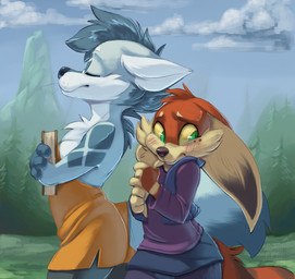 anthro big_ears blue_body blue_fur blue_hair blush book clothed clothing cloud detailed_background dress duo female forest forest_background fur green_eyes hair holding_object mountain nature nature_background outside plant red_body red_fur shirt sky tail tan_body tan_fur topwear tree vest whiskers yellow_sclera reign-2004 aonii_(reign-2004) jezzelle_(reign-2004) canid canine fox mammal 2017 digital_media_(artwork) hi_res
