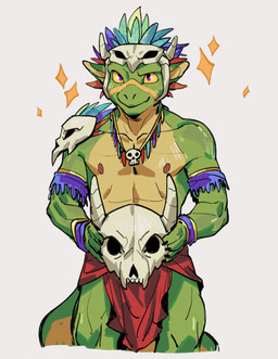 anthro biped black_eyes bone bone_mask green_body green_scales looking_at_viewer male mask muscular muscular_anthro muscular_male scales shirtless_anthro shirtless_male skull skull_mask solo tribal tribal_clothing yellow_body yellow_scales yellow_sclera hemuchang mythology terraria shimmered_witch_doctor witch_doctor_(terraria) dragon lihzahrd mythological_creature mythological_scalie scalie 2026 hi_res