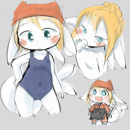 aged_down anthro apron blonde_hair blush chibi clothed clothing female fin hair hand_on_hip kerchief one-piece_swimsuit simple_background solo swimwear tail tail_fin white_body doneru vtuber shiranagi_konami aquatic cetacean dolphin mammal oceanic_dolphin toothed_whale 1:1 hi_res sketch_page