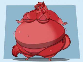 anthro belly belly_expansion belly_inflation big_belly big_breasts bikini biped body_inflation breast_expansion breasts cherry_inflation cleavage clothed clothing expansion female fur hair huge_belly huge_breasts hyper hyper_belly hyper_breasts inflation looking_down looking_down_at_self navel onomatopoeia pose red_body red_clothing red_fur red_hair red_skin smile solo sound_effects standing swelling swimwear text thick_thighs tight_clothing two-piece_swimsuit weight_gain wide_hips thaliaglacyswells canid canine mammal 2025 cel_shading digital_drawing_(artwork) digital_media_(artwork) full-length_portrait hi_res portrait shaded