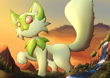 ambiguous_gender button_nose campfire camping camping_tent cloud fangs feral forest fur giga glistening glistening_eyes green_body green_fur group inner_ear_fluff landscape_dwarfing looking_back looking_down macro micro mountain multicolored_body nude outside plant quadruped raised_foot size_difference solo_focus sunset tail teeth tent tree tuft two_tone_body waterfall firerai nintendo pokemon ambiguous_species generation_9_pokemon pokemon_(species) sprigatito watermark