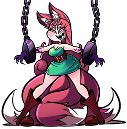 4_eyes 4_fingers belt blush blush_lines bodily_fluids boots bound breasts brown_belt chain chained cleavage clothed clothing dipstick_tail dress drooling ears_up eyelashes female fingers footwear green_clothing green_dress hair inner_ear_fluff knee_boots knee_highs legwear light light_body light_face light_skin long_hair markings multi_eye narrowed_eyes pink_ears pink_hair rosy_cheeks saliva saliva_string shoes simple_background solo standing tail tail_markings tuft white_background white_inner_ear_fluff white_tail_tip qwerty_soda jane_(qwerty_soda) angel angel_humanoid animal_humanoid canid canid_humanoid canine canine_humanoid fox_humanoid fox_spirit humanoid mammal mammal_humanoid 2018 colored digital_drawing_(artwork) digital_media_(artwork) hi_res lighting shaded