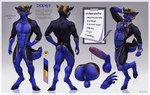 5_fingers abs anthro anus backsack balls biped black_body black_claws black_clothing black_fur black_hair black_harness black_hooves black_necktie black_nose black_tail black_underwear blue_anus blue_balls blue_body blue_fur blue_penis blue_tail blush bodily_fluids border bulge butt cheek_tuft claws clipboard clothing cufflings dripping erection facial_tuft fingers fur genital_fluids genitals glans gold_markings gradient_background grey_background hair harness hooves horn humanoid_genitalia humanoid_penis looking_at_viewer male markings muscular muscular_anthro muscular_male necktie nipples nude one_eye_closed paper pecs penis pink_glans pink_nipples pose precum precum_drip precum_string simple_background solo standing tail teeth text tuft underwear white_border writing_utensil yellow_hair_tips yellow_horn kumir bovid canid canine canis caprine domestic_dog husky hybrid mammal nordic_sled_dog spitz artist_name digital_media_(artwork) english_text hi_res model_sheet