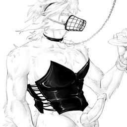 animal_genitalia animal_penis anthro bunny_costume canine_genitalia canine_penis chain clothed clothing collar costume crossdressing dessert food fur genitals horn latex legwear looking_at_viewer male muzzle_(object) muzzled penis simple_background smile solo submissive tail uniform tetradochka canid canine canis chimera mammal wolf 1:1 digital_media_(artwork) hi_res monochrome