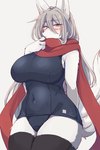 anthro big_breasts black_clothing black_nose breasts cheek_tuft clothing eyebrow_through_hair eyebrows eyewear facial_tuft female fur glasses grey_hair hair hand_behind_back inner_ear_fluff kemono legwear long_hair looking_at_viewer navel one-piece_swimsuit red_clothing red_eyes scarf school_swimsuit simple_background solo swimwear thick_thighs thigh_highs three-quarter_view tight_clothing translucent translucent_hair tuft white_background white_body white_fur wide_hips sgsix canid canine canis mammal wolf