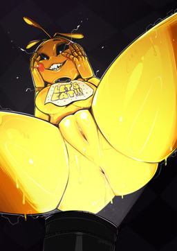 anthro anus bodily_fluids bottomless bottomless_anthro bottomless_female breasts butt close-up clothed clothing female first_person_view genitals grin looking_at_viewer looking_down looking_down_at_viewer machine non-mammal_breasts non-mammal_vulva sharp_teeth smile solo spread_legs spreading sweat teeth vulva wet yellow_body yokaiduck five_nights_at_freddy's five_nights_at_freddy's_2 scottgames toy_chica_(fnaf) animatronic avian bird chicken galliform phasianid robot hi_res