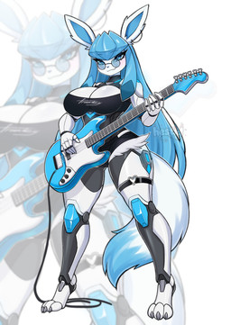 3_toes 5_fingers anthro big_breasts black_bottomwear black_clothing black_crop_top black_shirt black_shorts black_topwear blue_eyes blue_hair blue_sclera blush bottomwear breasts claws cleavage clothed clothing crop_top dipstick_tail ear_piercing eyelashes eyewear feet female fingers glasses grey_claws guitar hair holding_guitar holding_musical_instrument holding_object long_eyelashes long_hair looking_at_viewer markings musical_instrument piercing plucked_string_instrument round_glasses shirt shorts smile solo standing string_instrument tail tail_markings thick_thighs toes topwear wearing_glasses hestid nintendo pokemon eeveelution generation_4_pokemon glaceon pokemon_(species) robot_anthro absurd_res colored digital_drawing_(artwork) digital_media_(artwork) hi_res shaded