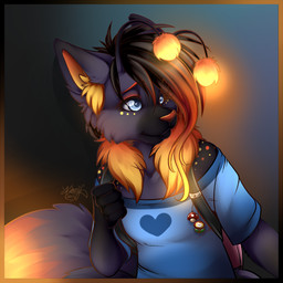 antennae_(anatomy) anthro backpack black_body black_fur black_hair blue_eyes dipstick_tail female fur glowing glowing_antennae glowing_hair_tips glowing_tail_tip hair inner_ear_fluff markings solo spots tail tail_markings tuft young young_anthro firefly8083 ember_malon canid canine fox fuma mammal herm_(lore)