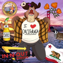 alcohol anthro beer beverage beverage_bottle bottle bridge california california_flag clothed clothing container flower fully_clothed golden_gate_bridge heart_symbol male plant poppy_(flower) san_francisco showing_teeth solo text are0su in-n-out avian bear bird galliform mammal mustelid otter phasianid quail sea_otter english_text hi_res