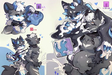 2_horns abdominal_bulge anthro belly belly_inflation black_body black_sclera blue_eyes blush bodily_fluids collar cum cum_in_ass cum_inside cum_splatter duo ejaculation erection eye_roll foreskin fur genital_fluids genitals goo_transformation hair holding_collar holding_object horn humanoid_genitalia humanoid_penis inflation kemono leash leashed_collar licking licking_lips looking_pleasured male male/male penis possession retracted_foreskin ringed_eyes side_view simple_background slime_inflation smile smirk standing status_effect three-quarter_view tongue tongue_out transformation white_hair mintcat2778 mythology dragon furred_dragon furred_scalie goo_creature hyena mammal mythological_creature mythological_scalie scalie hi_res
