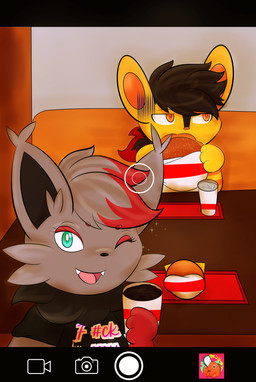 anthro camera_view duo female food male chillyspicky nintendo pokemon shaleen_(chillyspicky) tadeo_(chillyspicky) canid felid generation_4_pokemon generation_5_pokemon luxio mammal pokemon_(species) shiny_pokemon zorua absurd_res hi_res