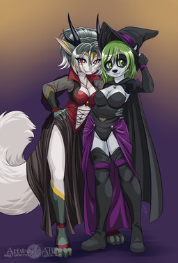 4_toes abstract_background anthro boots breasts cape cleavage clothed clothing corset costume dress duo facial_markings fangs feet female footwear green_eyes green_hair grey_hair hair hat head_markings headgear headwear holidays horn jewelry lingerie magic_user markings necklace pink_nose pose red_eyes shoes simple_background standing tail teeth toes topwear witch witch_hat abluedeer halloween jade_(miko-chan) obsidian_(character) bear giant_panda mammal spragon undead vampire digital_media_(artwork) shaded watermark