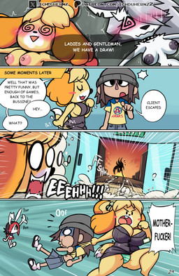 anthro areola biped blush blush_lines blush_stickers bottomwear breasts clothed clothing dialogue dizzy_eyes door eyelashes female lying male motion_lines nude on_back panties pupils running smile speech_bubble text thick_thighs topwear underwear ichduhernz animal_crossing hellaverse helluva_boss nintendo isabelle_(animal_crossing) loona_(helluva_boss) canid canine canis domestic_dog human lagomorph leporid mammal rabbit shih_tzu toy_dog 2025 absurd_res english_text hi_res