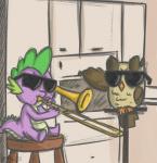 anthro appliance brass_instrument brown_body brown_feathers cupboard duo eyewear feathered_wings feathers feral furniture holding_musical_instrument holding_object humor kitchen kitchen_appliance male musical_instrument oven parody perch playing_music stool sunglasses swag tail trombone wind_instrument wings young young_anthro young_male nolycs friendship_is_magic hasbro my_little_pony mythology when_mama_isn't_home owlowiscious_(mlp) spike_(mlp) avian bird dragon mythological_creature mythological_scalie owl scalie meme