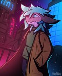 biped city cityscape clothed clothing coat detailed_background hair horn male shirt solo topwear trenchcoat anonantibody asher_sterling wickerbeast digital_media_(artwork) hi_res