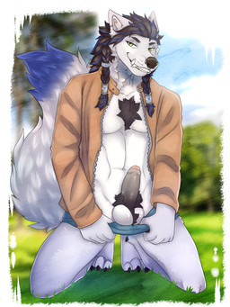 anthro ballhawk balls clothed clothing ear_piercing ear_ring erection facial_piercing fluffy fluffy_chest foreskin genitals grin hair hair_jewelry kneeling long_hair male nose_piercing nose_ring open_clothing open_shirt open_topwear painted_tail penis piercing presenting presenting_penis ring_piercing shirt smile solo teasing tooth_ring topwear underwear tyrartist blizzard_entertainment warcraft reingarde canid mammal werecanid werecreature worgen absurd_res hi_res