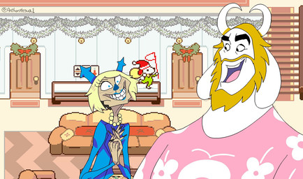 anthro antlers clothed clothing female horn humor male parody screencap screencap_background shitpost smile smiling_at_another text anthonylegua1 deltarune disney the_emperor's_new_groove undertale_(series) asgore_dreemurr carol_holiday kronk yzma bovid caprine deer goat mammal new_world_deer reindeer 2025 artist_name hi_res meme signature
