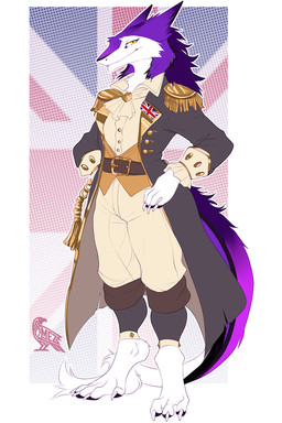 anthro barefoot cape claws clothed clothing feet fingers flag fur male standing suit uniform union_jack omez sergal