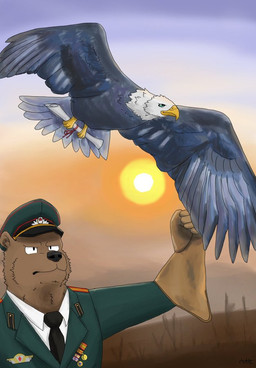 anthro armor clothing gauntlets gloves handwear hat headgear headwear male military_cap military_uniform sun uniform w0se accipitrid accipitriform avian bear bird brown_bear eagle mammal ursine