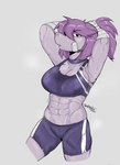 abs anthro bandage big_breasts bodily_fluids bottomwear bra breasts clothing female freckles hair hair_over_eye hand_wraps hands_behind_head looking_at_viewer muscular muscular_anthro muscular_female one_eye_obstructed ponytail purple_body purple_hair shorts simple_background solo sports_bra sweat tying_hair underwear wraps sockmantgu deltarune undertale_(series) susie_(deltarune) reptile scalie absurd_res hi_res