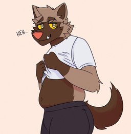 anthro belly bodily_fluids clothing clothing_pull dialogue eyebrows gloves_(marking) grey_eyes looking_at_viewer male markings navel simple_background slightly_chubby smile solo sweat sweatdrop tail yellow_sclera blushysnoots nintendo pokemon generation_3_pokemon pokemon_(species) poochyena 2023 absurd_res hi_res