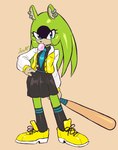 anthro baseball_bat bat_(object) biped black_nose clothed clothing ear_piercing eyelashes female footwear front_view fully_clothed green_body green_hair hair hair_down hand_on_hip holding_baseball_bat holding_object looking_at_viewer necktie piercing shoes simple_background solo standing tan_background jamoart idw_publishing sega sonic_the_hedgehog_(comics) sonic_the_hedgehog_(idw) sonic_the_hedgehog_(series) surge_the_tenrec afrosoricid mammal tenrec 2022 absurd_res full-length_portrait hi_res portrait signature