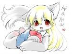 anthro blonde_hair blush clothing dress female hair kemono long_hair red_eyes solo tail text young young_anthro young_female ikuta_takanon futaba_channel akuma_gaoru canid canine mammal 4:3 japanese_text translation_request