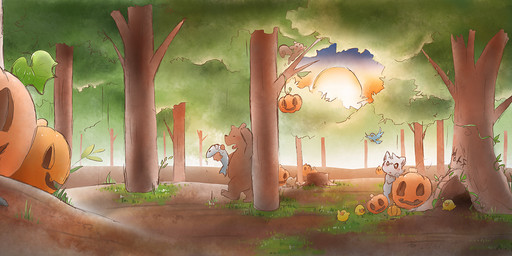 anthro brown_body brown_fur detailed_background duo food fruit fur outside plant pumpkin slightly_chubby sun macaronpoffin bear mammal rodent sciurid 2018