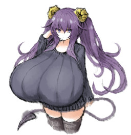 big_breasts breasts clothing female hair horn huge_breasts hyper hyper_breasts looking_at_viewer purple_eyes purple_hair simple_background solo spade_tail standing tail thick_thighs 2b-ge demon demon_humanoid horned_humanoid humanoid character_request hi_res