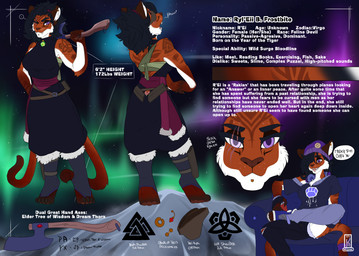 athletic athletic_female axe barbarian blind_eye clothed clothing dark_hair ear_piercing female fur muscular orange_body orange_fur piercing purple_eyes solo text whiskers kyu-maru dungeons_and_dragons hasbro wizards_of_the_coast rei_(kyu-maru) demon domestic_cat felid feline felis mammal pantherine rakshasa_(dungeons_and_dragons) tiger absurd_res english_text hi_res model_sheet