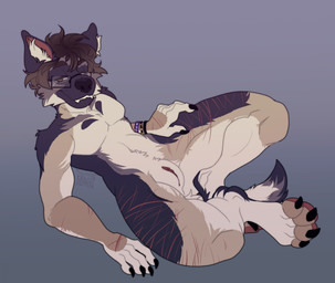 accessory andromorph anthro bite biting_lip claws clitoral_hood clitoris eyewear fangs fur genitals glasses humanoid_genitalia humanoid_vulva intersex male paws scar self-harm solo teeth vulva veegrasshopper canid canine canis domestic_dog german_shepherd herding_dog mammal pastoral_dog hi_res trans_(lore)