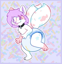 3_tails 3_toes 4_fingers ambiguous_gender anthro black_collar blue_markings blue_tail border clean_diaper clothed clothing collar diaper feet fingers fur glistening glistening_eyes gloves_(marking) hair leg_markings markings multi_tail on_one_leg orange_markings purple_border purple_hair purple_inner_ear purple_nose side_view simple_background smile socks_(marking) solo sprinkles standing tail tail_markings toes tongue tongue_out wearing_diaper wetness_indicator white_body white_fur law_azure kaycee_(squishykaycee) domestic_cat felid feline felis mammal 2022 full-length_portrait hi_res portrait