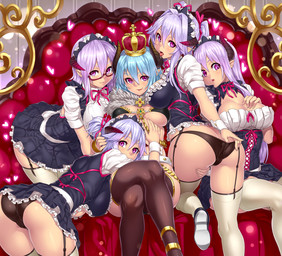 big_breasts bodily_fluids breasts clothing female female/female group harem looking_at_viewer maid_uniform not_furry panties saliva underwear uniform houtengeki demon humanoid hi_res