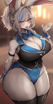 anthro armband big_breasts blue_highlights blurred_background blush bow_tie breasts buckteeth chest_tuft cleavage clothed clothing curvy_figure female fur gesture glowing glowing_eyes grey_body grey_fur grey_hair hair highlights_(coloring) inside kemono legwear leotard long_ears looking_at_viewer open_mouth open_smile ponytail shirt_collar shirt_cuffs smile solo stockings teeth thick_thighs topwear tuft vest wide_hips yellow_eyes suurin_2 lagomorph leporid mammal rabbit hi_res portrait three-quarter_portrait