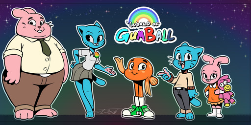 anthro blue_body clothing family female group male orange_body pink_body plushie thewill cartoon_network the_amazing_world_of_gumball anais_watterson daisy_the_donkey darwin_watterson gumball_watterson nicole_watterson richard_watterson aquatic domestic_cat felid feline felis fish lagomorph leporid mammal rabbit hi_res model_sheet