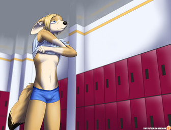 anthro biped blue_eyes bulge clothing fur hair inside locker locker_room long_hair male slim smile solo standing text underwear undressing nx-42 sedjet_ahmes_(character) canid canine fennec_fox fox mammal true_fox 2015 absurd_res hi_res url