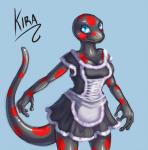 anthro bald black_body black_skin blue_background blue_eyes breasts clothed clothing dress female fully_clothed maid_uniform non-mammal_breasts red_spots simple_background smile solo spots uniform mail-order-superhero kira_(kira) amphibian fire_belly_newt japanese_fire_belly_newt newt salamander 2014 digital_media_(artwork) shaded