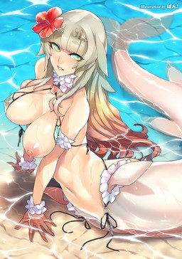 areola beach big_breasts breasts clothing female looking_at_viewer monster_girl_(genre) navel nipple_slip nipples seaside solo split_form wardrobe_malfunction water wet bansanv3 animal_humanoid aquatic aquatic_humanoid fish fish_humanoid humanoid merfolk shark_humanoid