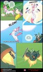 2021 bottomwear breasts canid canine chester_von_bug clothed clothing comic dialogue eeveelution english_text eyes_closed facial_hair female feral generation_5_pokemon generation_6_pokemon golurk green_hair group hair hi_res human human_only joltik male mammal matemi maugrim nintendo not_furry pants plant pokeball pokemon pokemon_(species) pokemon_speak red_eyes shirt silver_soul_(comic) sir_gallade sweater sylveon text topwear tree