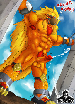 abs anthro armpit_hair balls bdsm blonde_hair bodily_fluids body_hair bondage bound chain cum cumshot ejaculation erection eyes_closed fur genital_fluids genitals hair humanoid_genitalia humanoid_penis light looking_pleasured male muffled muffled_speech muscular muscular_anthro muscular_male muzzle_(object) muzzled nipples nude orange_body orange_fur orgasm pecs penis pillar pubes shaking solo sunlight sweat text vein veiny_muscles veiny_penis onodera bandai_namco digimon apollomon digimon_(species) hi_res